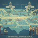 Illustration of 2026 federal budget allocation, showing money flowing to various sectors and taxpayers.