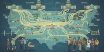 Illustration of 2026 federal budget allocation, showing money flowing to various sectors and taxpayers.
