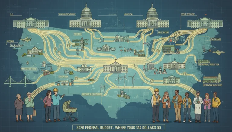 Illustration of 2026 federal budget allocation, showing money flowing to various sectors and taxpayers.
