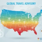 Detailed map of US showing 2026 travel advisory levels and essential travel items.