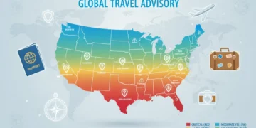 Detailed map of US showing 2026 travel advisory levels and essential travel items.