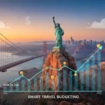Iconic US landmarks with financial graphics, representing smart budgeting for a 2026 US trip