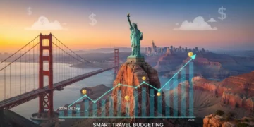 Iconic US landmarks with financial graphics, representing smart budgeting for a 2026 US trip