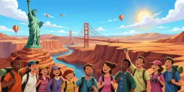 Iconic US landmarks with happy tourists planning their 2026 vacation