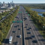 Modern multi-lane highway in the USA with diverse landscape