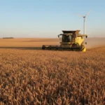 Abundant wheat field with modern combine harvester