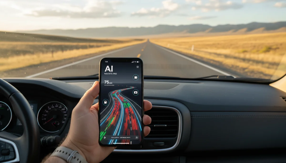 Smartphone with AI navigation app on a car dashboard for a road trip.
