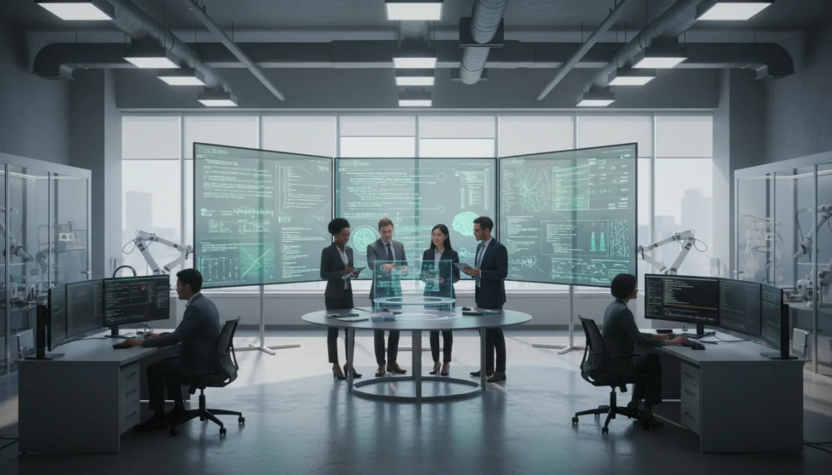 Scientists collaborating on advanced AI algorithms in a research lab.