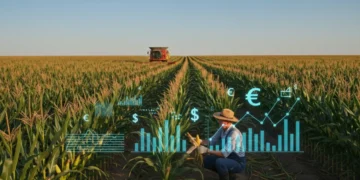 Vast cornfield at sunset with a farmer and combine, symbolizing American agriculture's future and economic impact of subsidies.