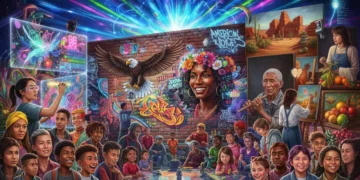 Dynamic collage of American art and expression in 2026, showcasing diverse creative forms and digital influences.