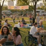 Diverse community gathering in a park, blending digital and physical interactions