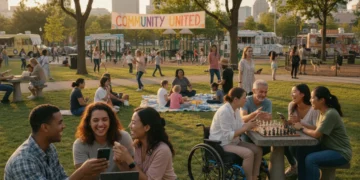 Diverse community gathering in a park, blending digital and physical interactions