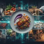 Dynamic collage showcasing the evolving landscape of American cuisine with diverse ingredients, modern dishes, and communal dining.