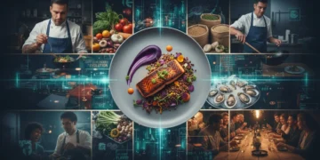 Dynamic collage showcasing the evolving landscape of American cuisine with diverse ingredients, modern dishes, and communal dining.