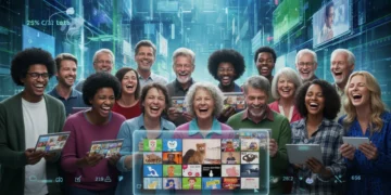 Diverse Americans laughing at digital humor content in 2026, showcasing evolving comedy trends.
