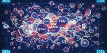 Complex web of digital speech bubbles representing American political discourse in 2026.