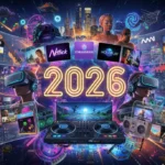 Dynamic collage of American pop culture elements in 2026, showcasing media, tech, and social trends.