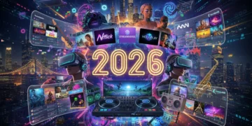 Dynamic collage of American pop culture elements in 2026, showcasing media, tech, and social trends.
