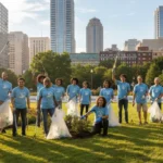 Diverse American volunteers cleaning a park together, symbolizing community engagement.