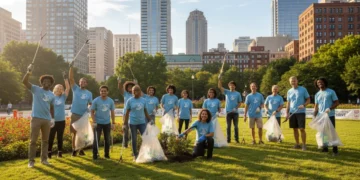 Diverse American volunteers cleaning a park together, symbolizing community engagement.