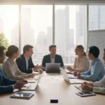 Professionals collaborating in a modern American office space, discussing project strategies