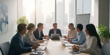 Professionals collaborating in a modern American office space, discussing project strategies