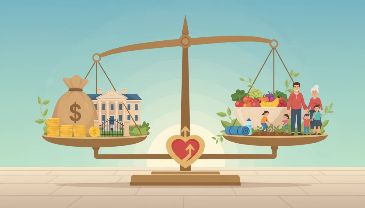 Illustration of a balance scale showing well-being outweighing traditional wealth in the modern American Dream.