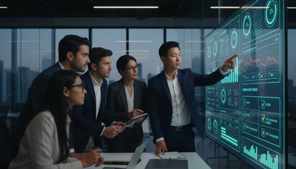 Business professionals discussing cybersecurity compliance metrics on a digital dashboard.