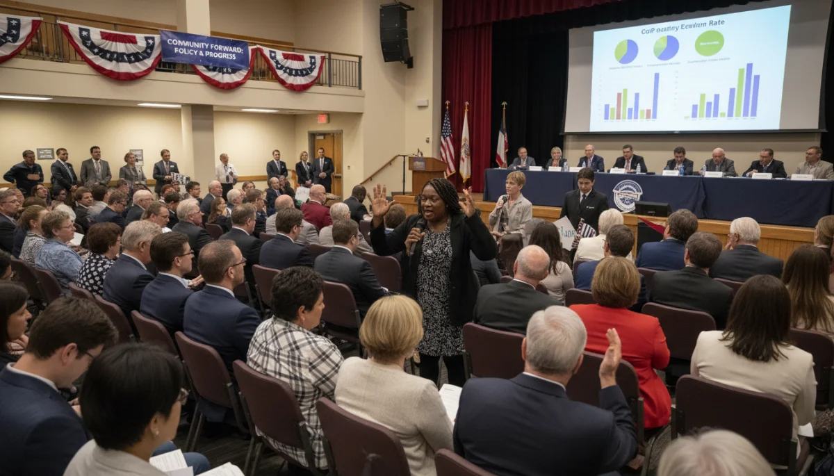 Citizens discussing economic policy at a town hall, reflecting engagement in the 2026 election cycle.
