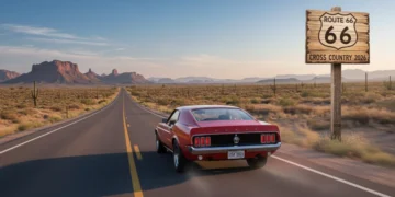 Classic car on desert highway, symbolizing a 2026 cross-country road trip