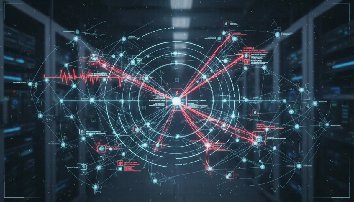 Complex network diagram showing vulnerabilities and attacked nodes, illustrating the intricate nature of cyber threats.