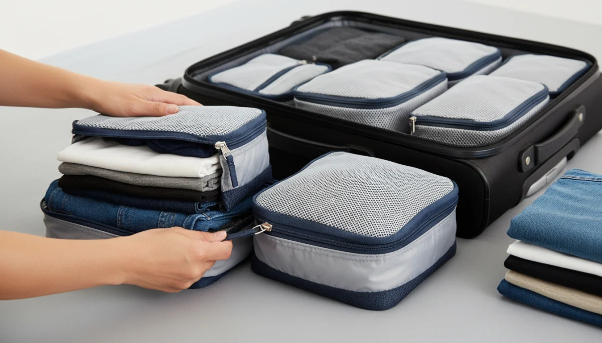 Traveler using compression packing cubes for space-saving