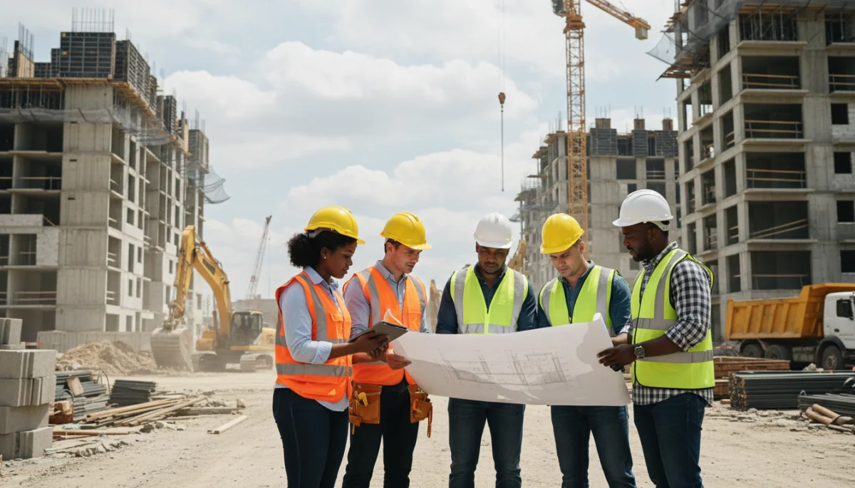 Construction workers reviewing blueprints at a busy site