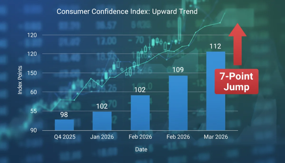 Bar graph illustrating a 7-point rise in US consumer confidence index points in early 2026, reflecting positive economic sentiment.
