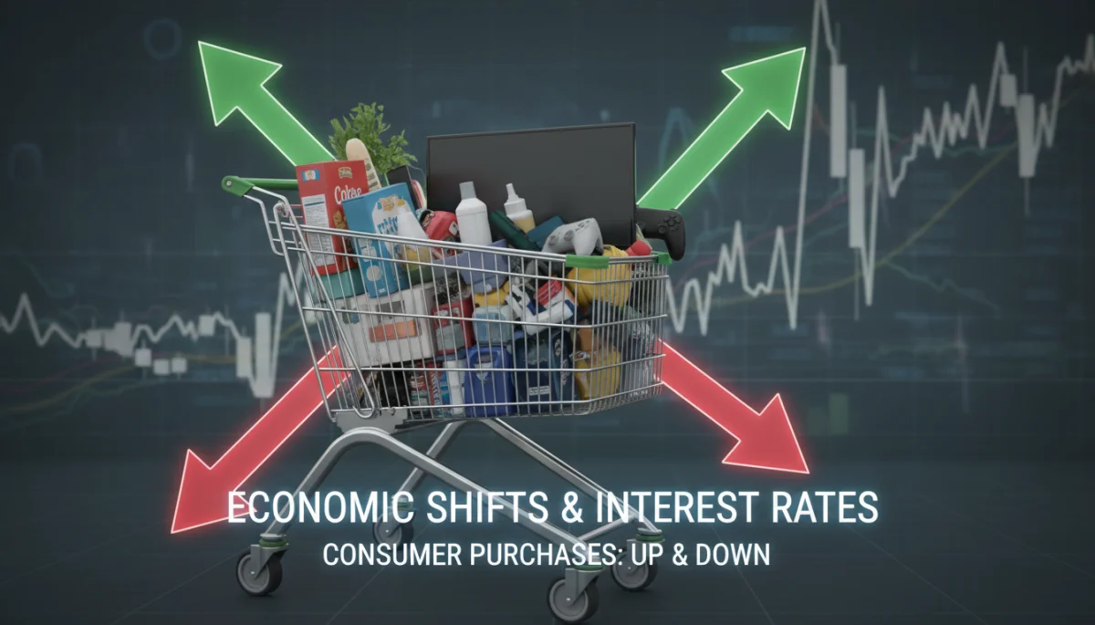 Shopping cart with consumer goods, illustrating fluctuating spending patterns.