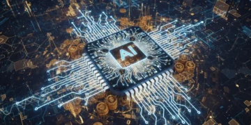 Stylized microchip representing DARPA's AI investment and advanced research.
