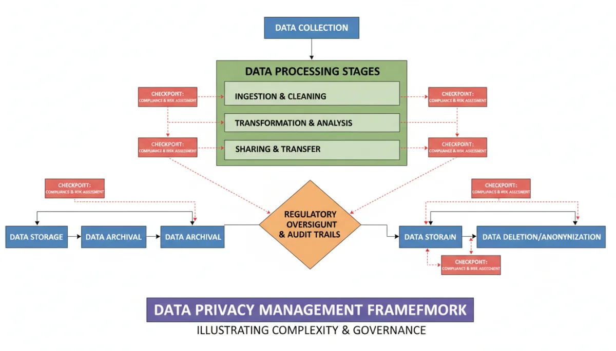 Flowchart illustrating data processing stages with compliance checkpoints and risk assessment.