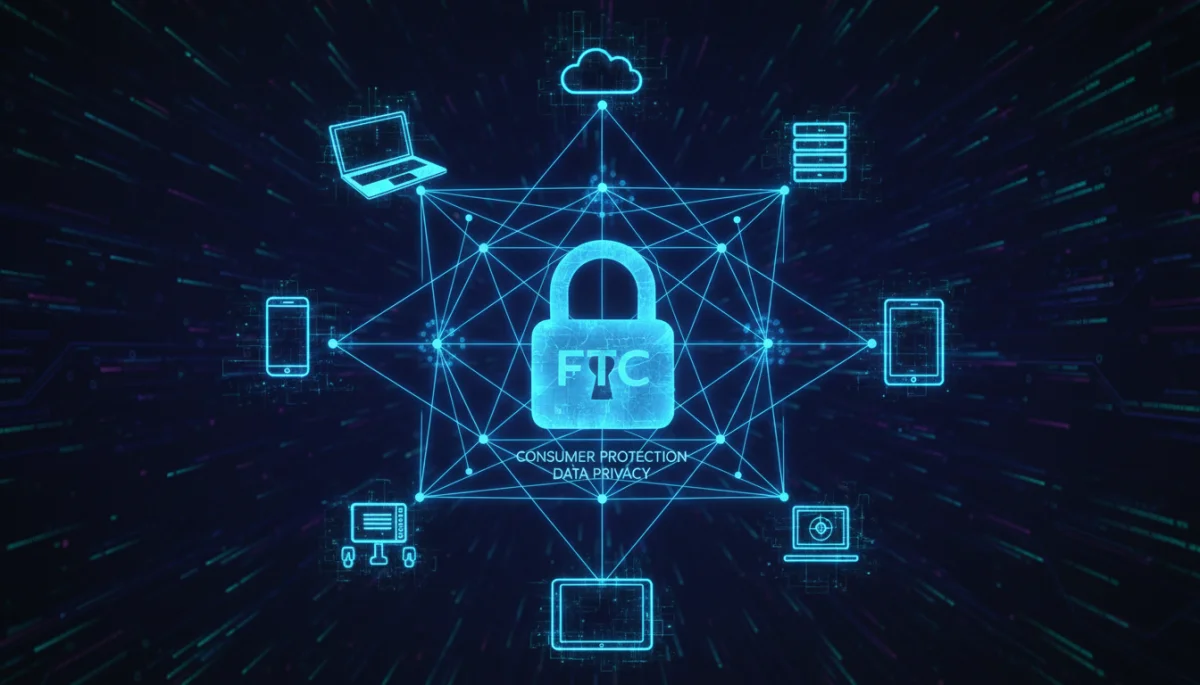 Digital data security and privacy illustration with glowing connections and lock icon