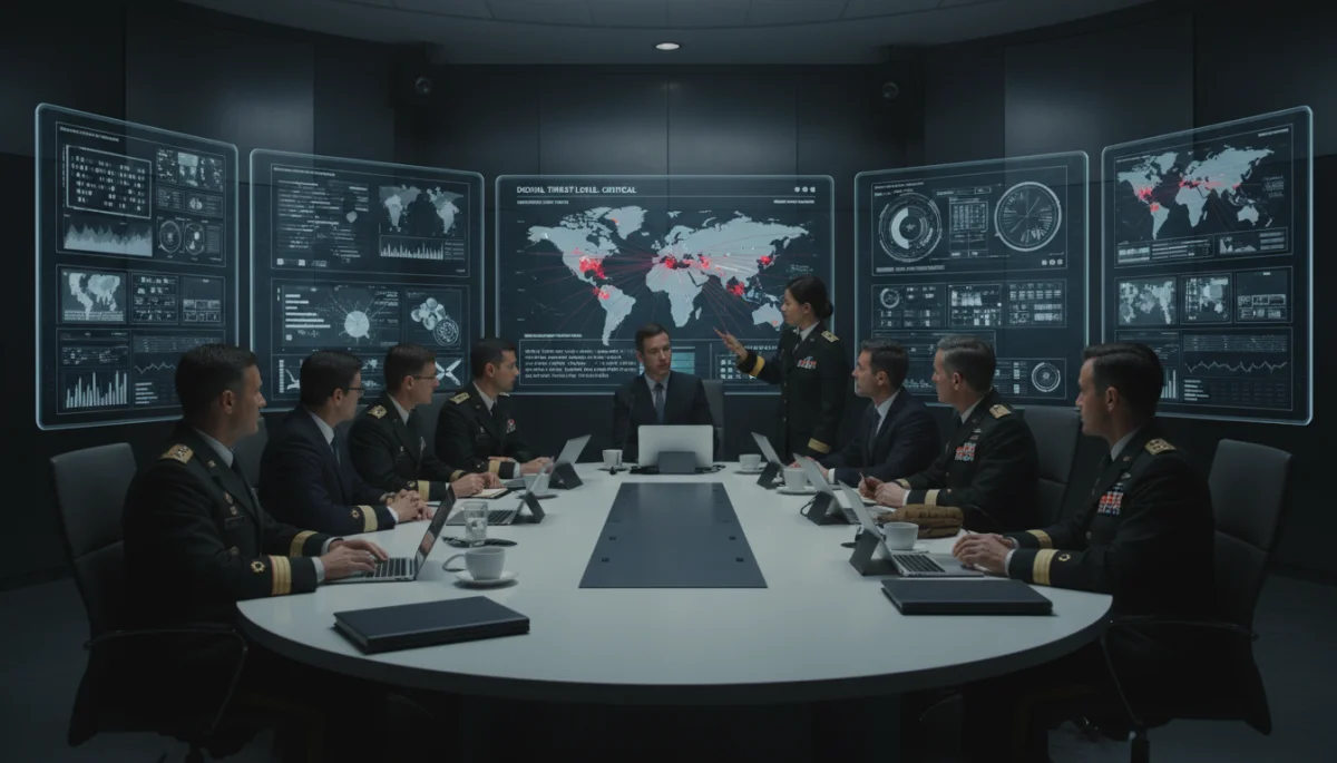 Military and defense experts analyzing threat assessments in a high-tech conference room.