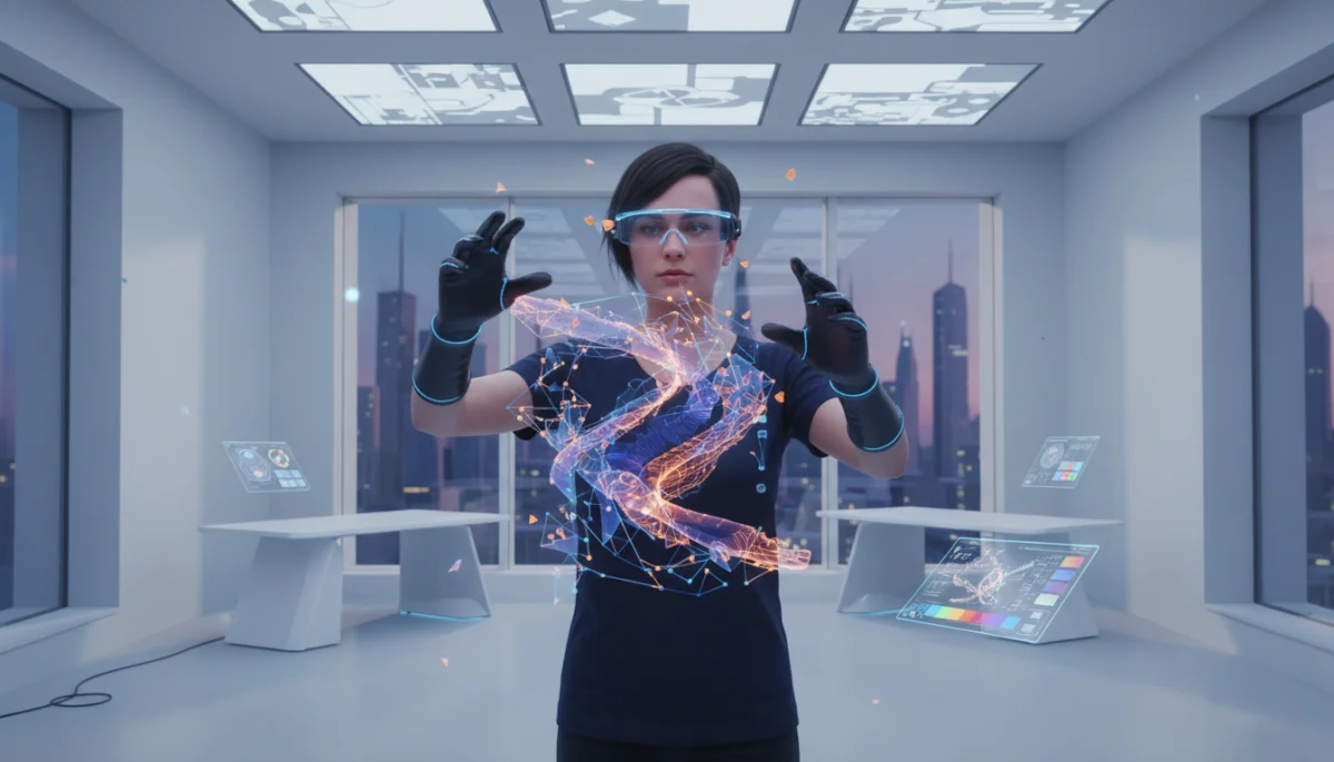 Digital artist creating holographic art with augmented reality glasses in a modern studio.