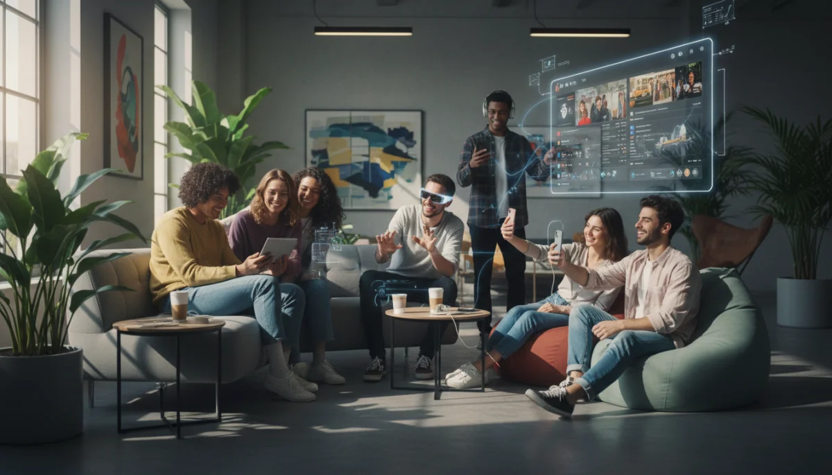 Diverse young adults interacting with digital media and augmented reality in a modern setting.