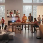 Diverse families celebrating holidays in a modern American home, showcasing evolving traditions.