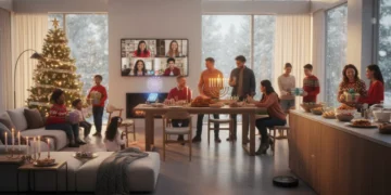 Diverse families celebrating holidays in a modern American home, showcasing evolving traditions.