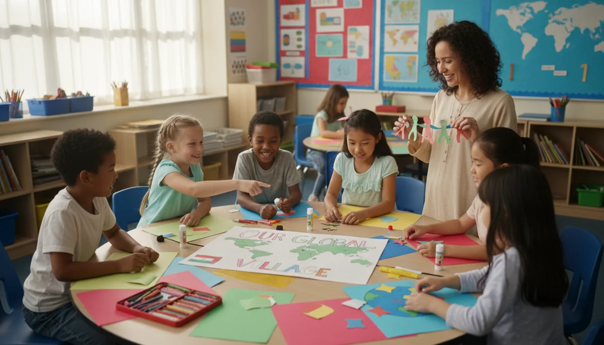 Diverse children learning and interacting in a modern classroom