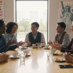 Diverse group of Americans engaging in positive dialogue, symbolizing cultural unity
