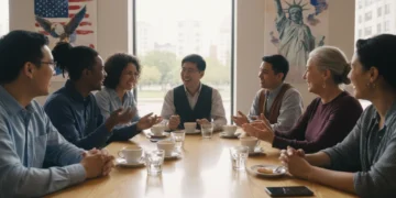 Diverse group of Americans engaging in positive dialogue, symbolizing cultural unity