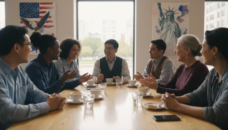 Diverse group of Americans engaging in positive dialogue, symbolizing cultural unity