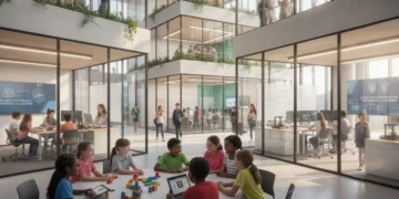 Diverse students learning in modern classrooms, representing federal education funding impact.