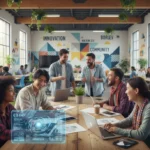 Diverse young adults collaborating in a modern co-working space, embodying the redefined American Dream of shared success and well-being.