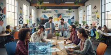 Diverse young adults collaborating in a modern co-working space, embodying the redefined American Dream of shared success and well-being.